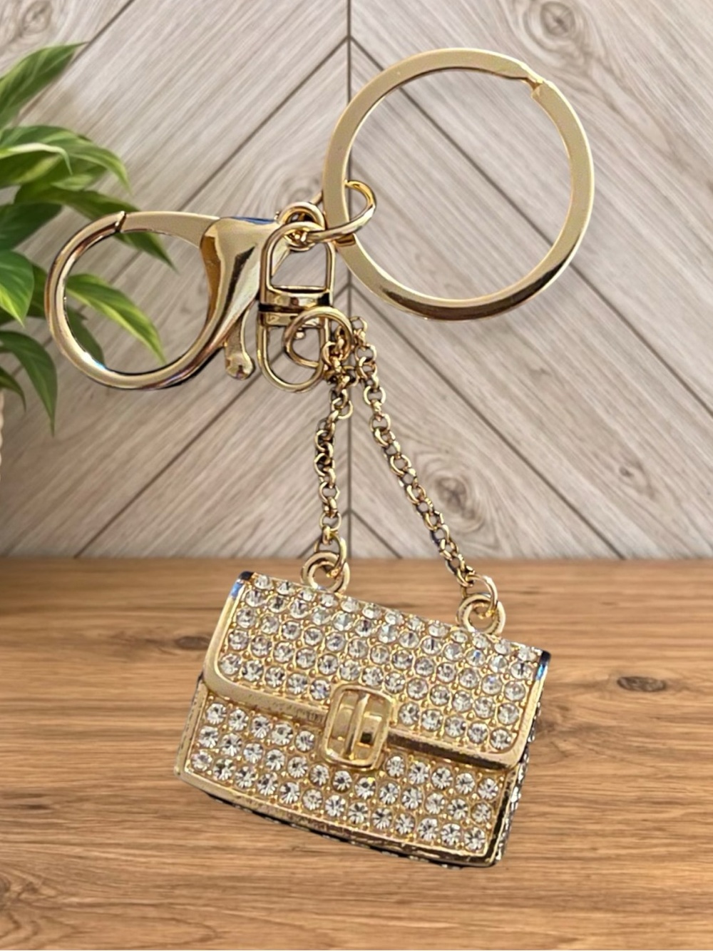 Rhinestone & Heart Mini Handbag Gold Keychain Purse Charm Keychain NEW